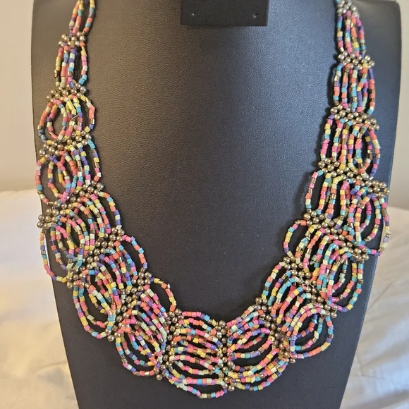 Rainbow Beaded Bib Necklace hand Beaded Artisan - Picture 2 of 7